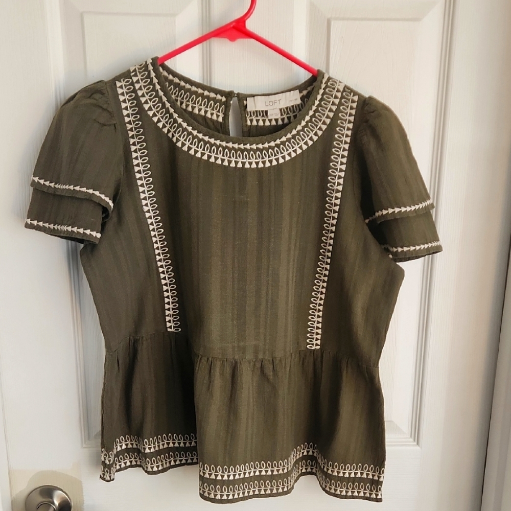 LOFT Olive Green Embroidered Women's Top